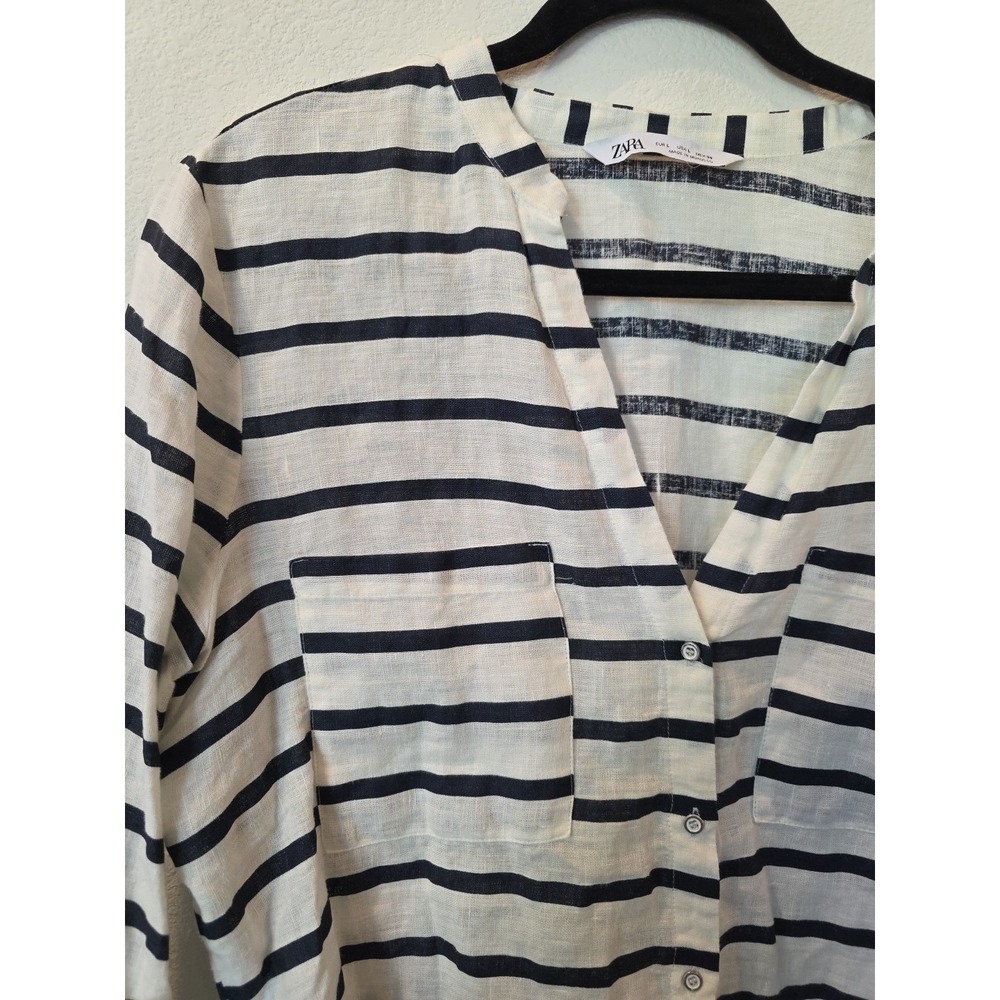 Zara Striped 100% LINEN SHIRT NAVY WHITE Sz L NWOT Quiet Luxury Euro Summer - Picture 3 of 7